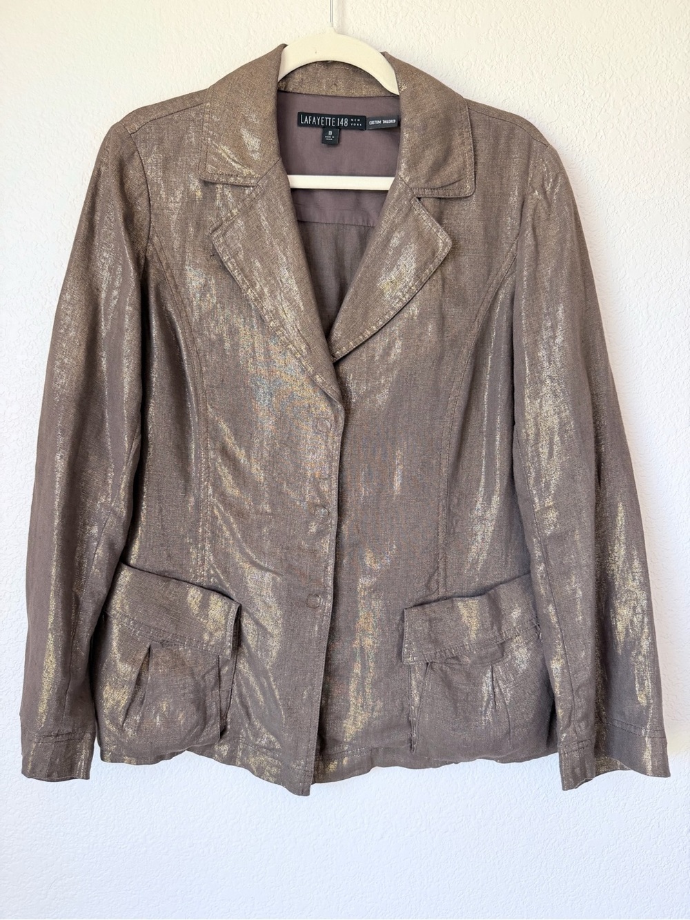 Lafayette 148 New York Metallic Linen Blend Taupe Tailored Blazer Jacket 10